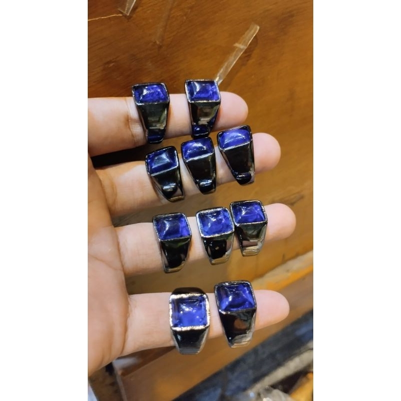 Cincin Batu Akik Blue King Shapire/Safir Petak Ring Titanium Hitam Natural 100%