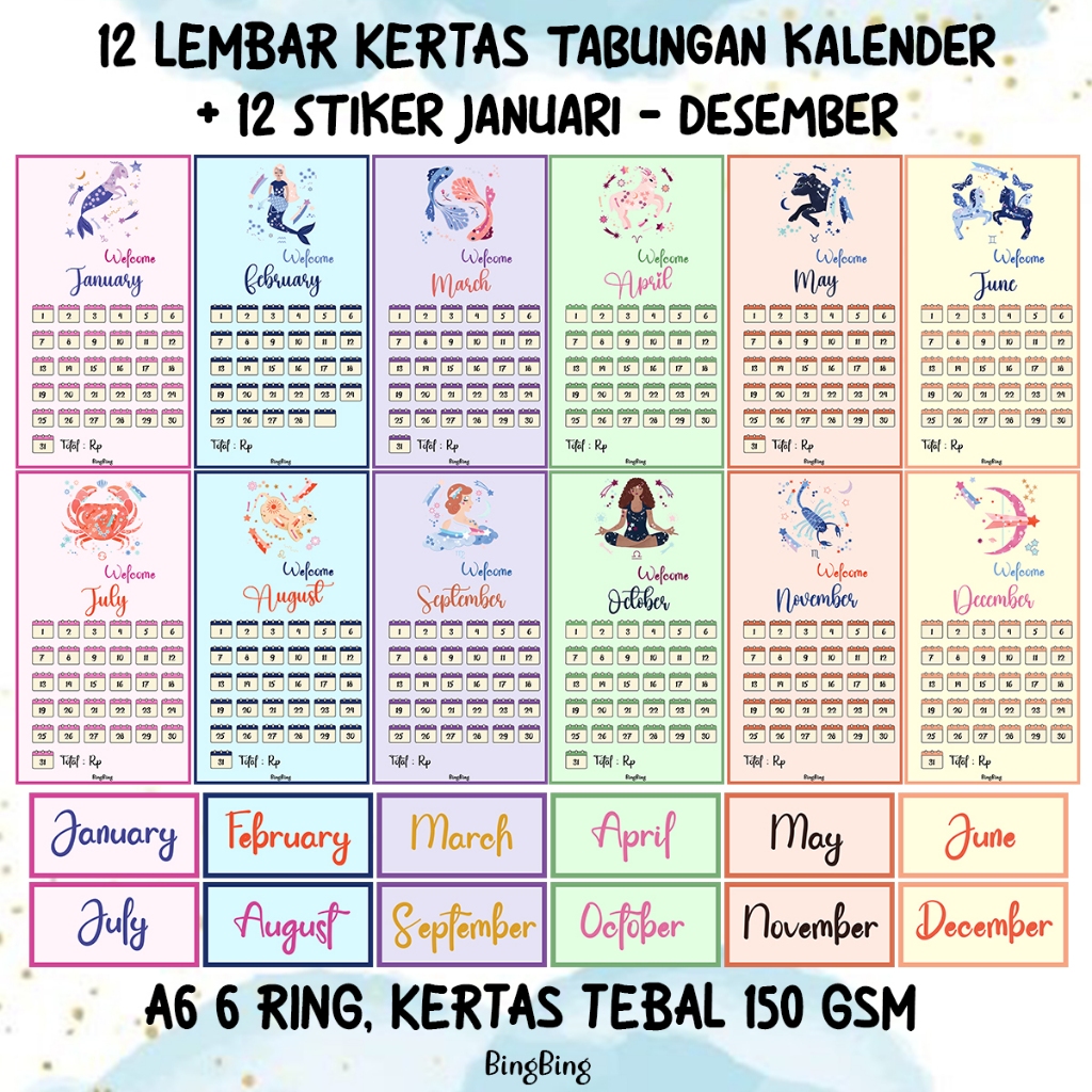 

12 LEMBAR KERTAS BINDER + STIKER TABUNGAN KALENDER - ZODIAC EDITION