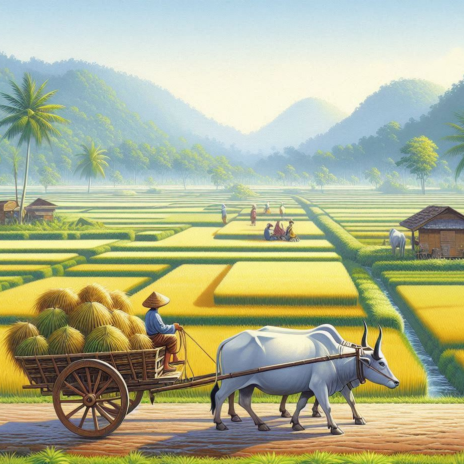 Lukisan Panen Padi yang Indah dengan Hamparan Sawah Panen Padi yang terbentang Luas