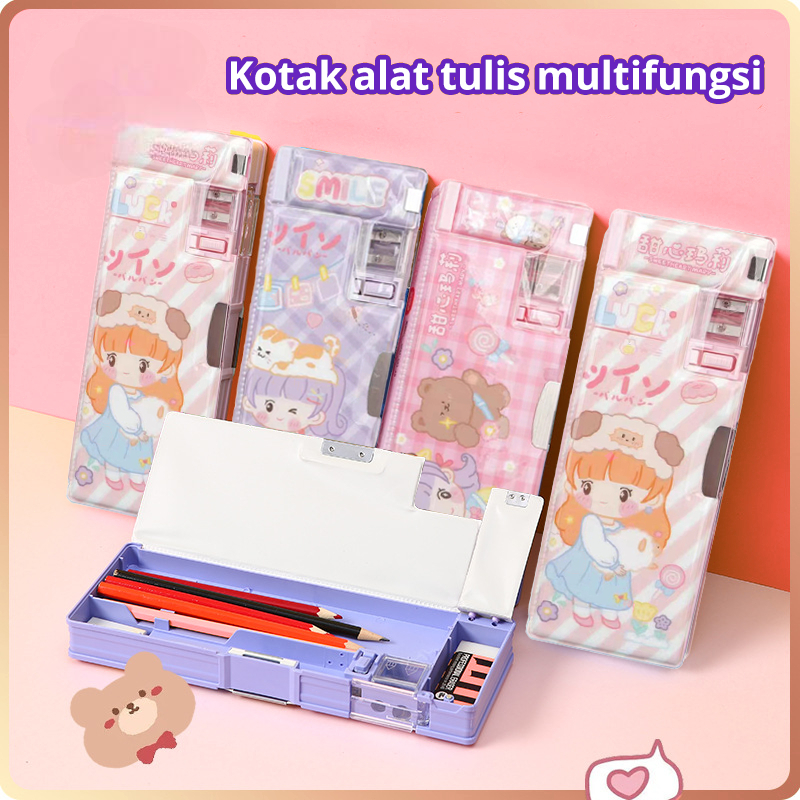 

THE TIME-Tempat Pensil 2 Layer Multifungsi Motif Kotak pensil pola gadis kartun multi