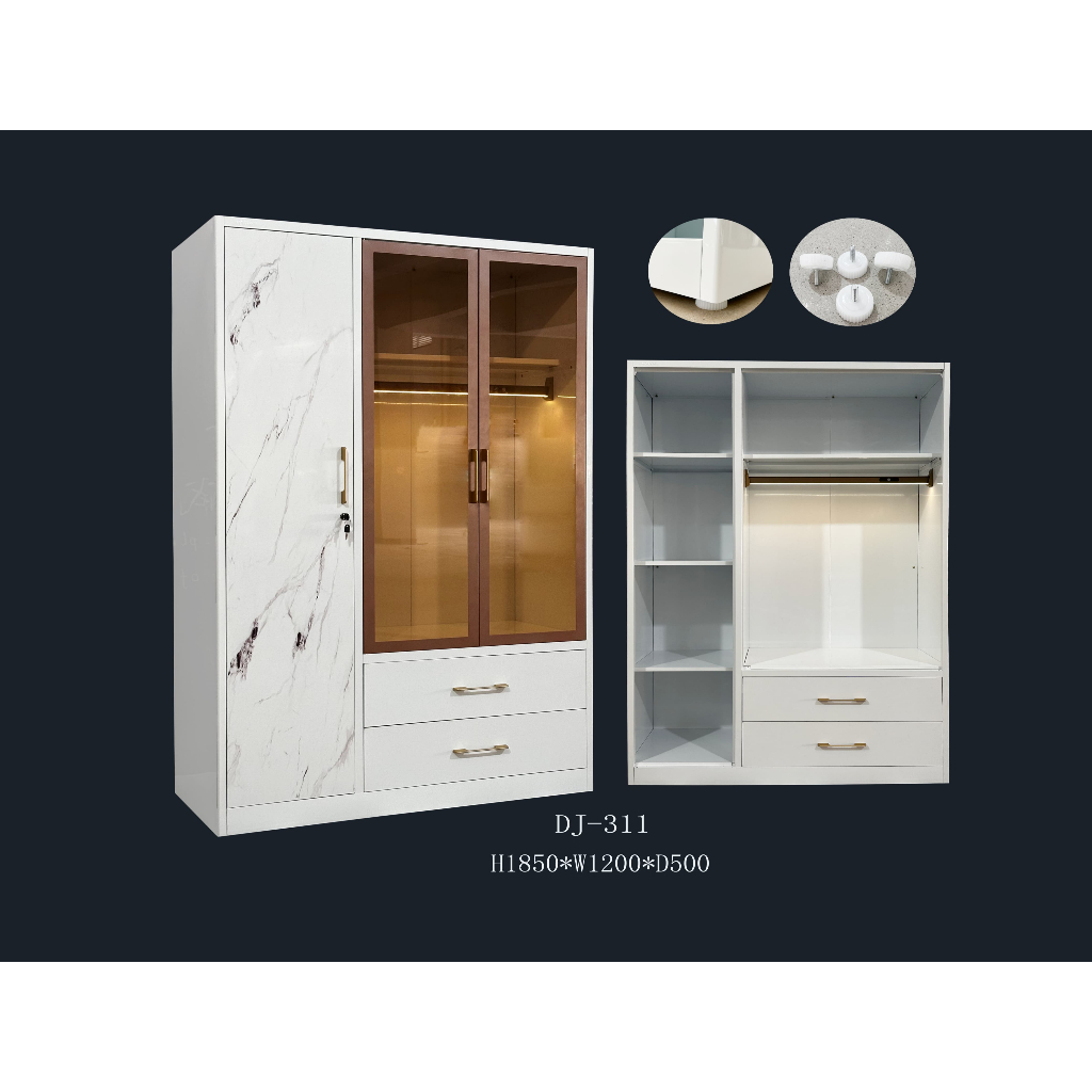 Lemari Pakaian Plat Besi Pintu Buka ada lampu LED di dalam. Laci 2