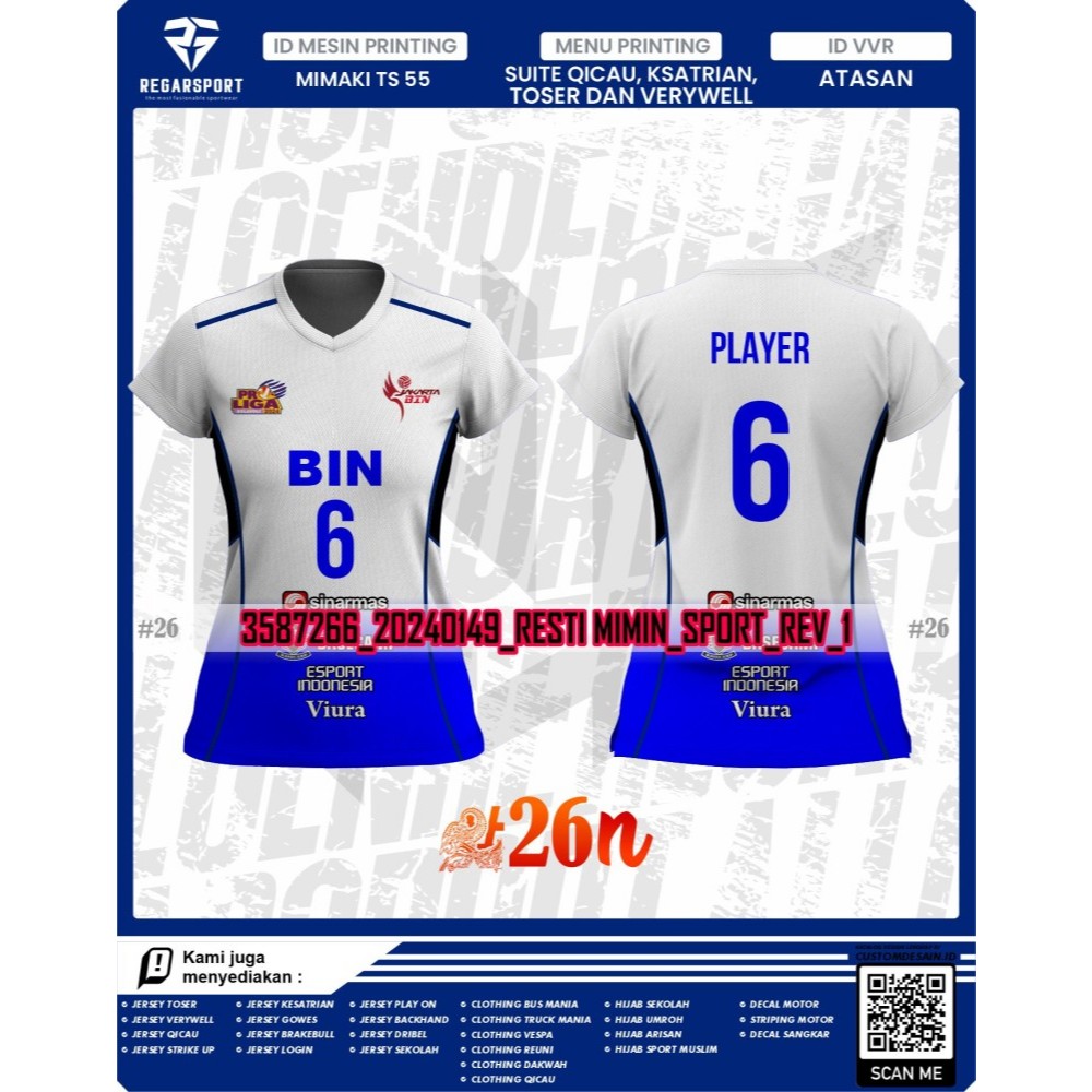 Regarsport Baju Jersey Voli Cewek Volly Wanita Full Printing Bebas Request