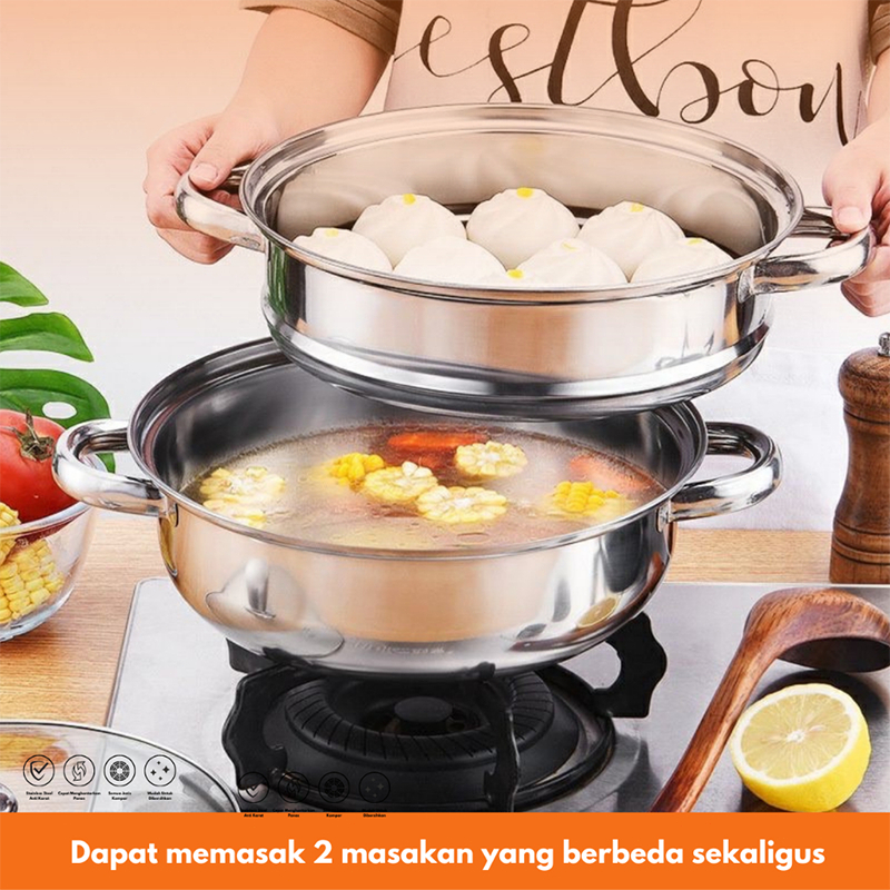 Qme Panci Steamer Kukus Stainless 2 Tingkat / Panci Steamer / Panci Steamer Kukus Stainless Steel