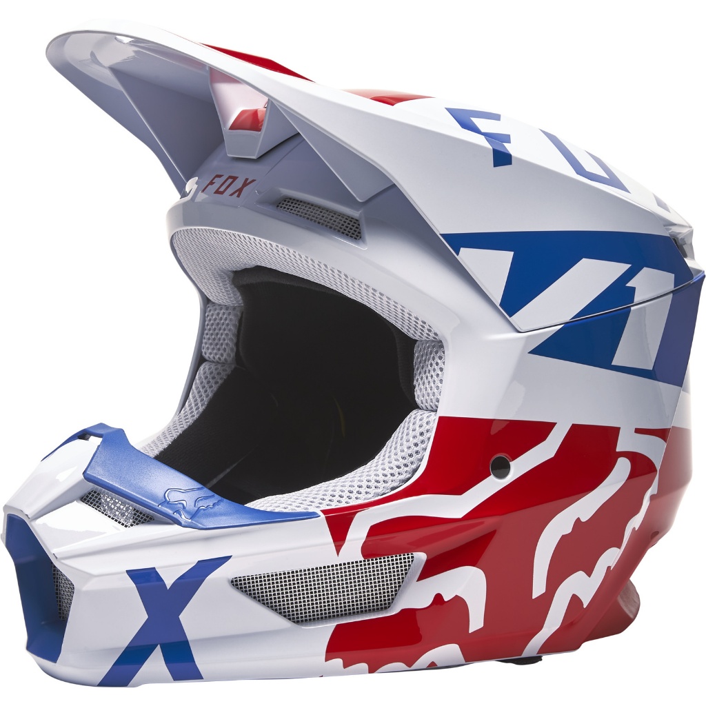 HELM FOX V1 SKEW WHITE BLUE RED MX HELMET ECE