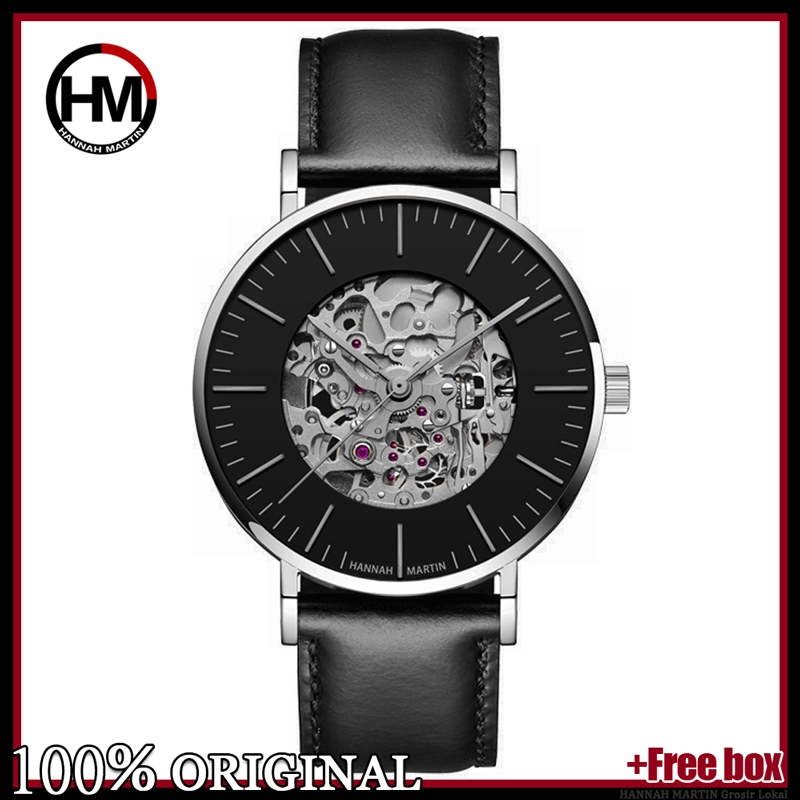 HANNAH MARTIN Jam Tangan Pria Mekanik Otomatis Original Luxury Stainless Steel Anti Air Kulit Keren 