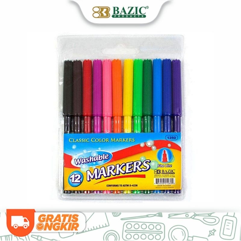 

bazic 12 classic colors fine line washable markers -spidol 12 warna