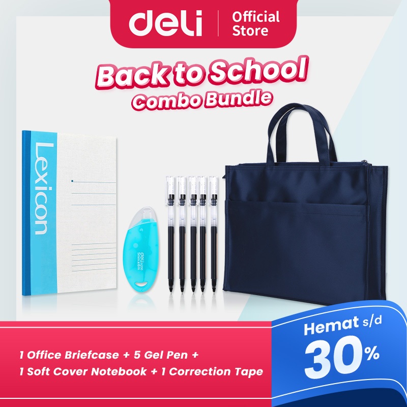 

DELI "BACK TO SCHOOL" BUNDLE - 1 Office Briefcase, 5 Gel Pen (Black), 1 Soft Cover Notebook, 1 Correction Tape