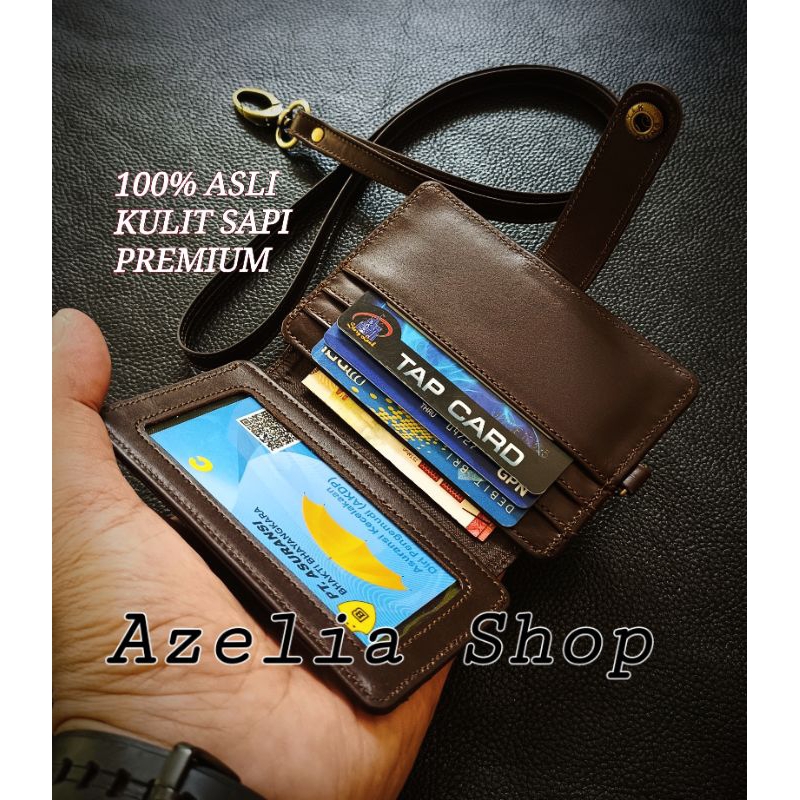 

dompet kartu Lanyard kulit asli -id card holder-name tag kalung