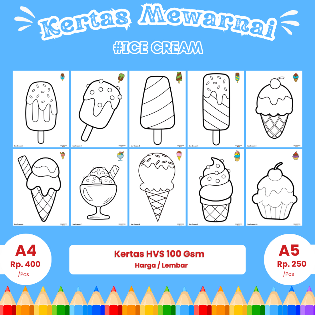 

Gambar Mewarnai Ice Cream A4 / A5 Kertas Sketsa / Kertas 100 GSM Menggambar ANAK TK PAUD SD