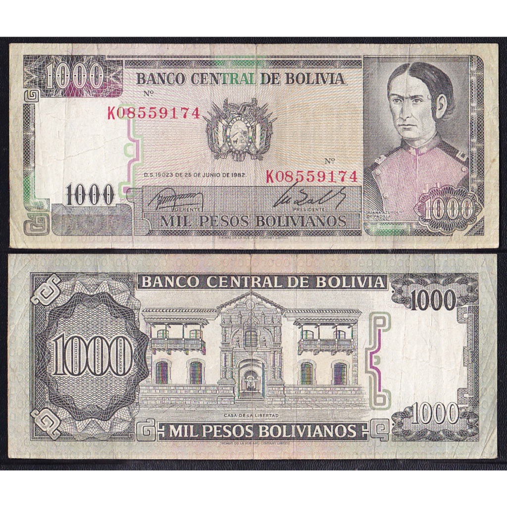 Uang kertas asing Bolivia 1000 Pesos tahun 1982