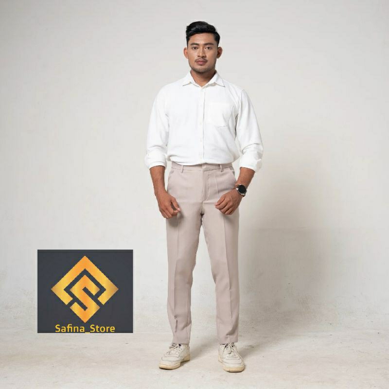 Celana Formal Pria Slim Fit Celana Kantor Pria Bahan Cream