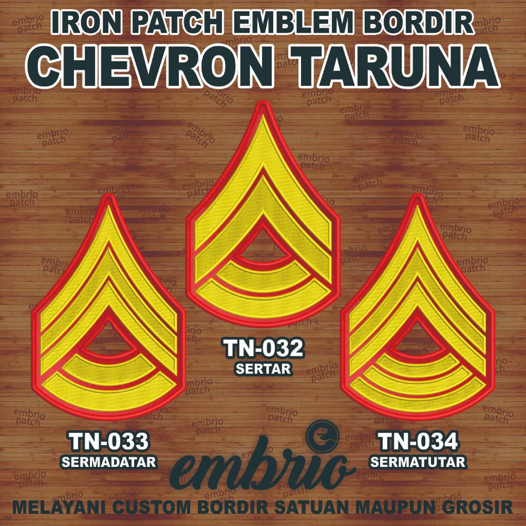 Emblem Bordir Chevron Pangkat Taruna TNI AKMIL AAU AAL AKPOL Patch Sevron Cevron Patches - 8,5x12,5c
