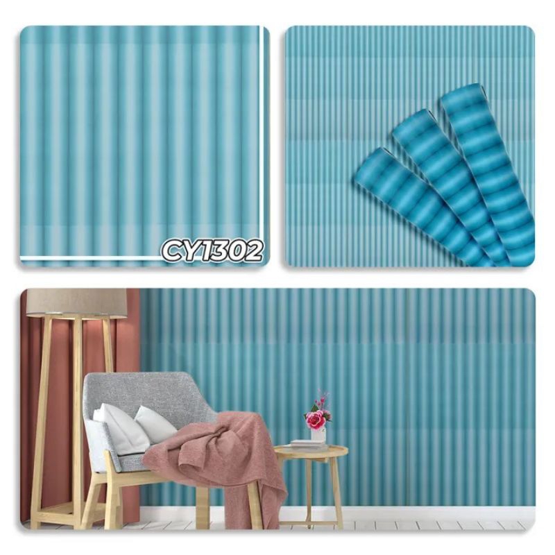 Wallpaper Stiker Dinding Ukuran 8 Meter CY1302 Motif Salur Biru Kombinasi Termurah