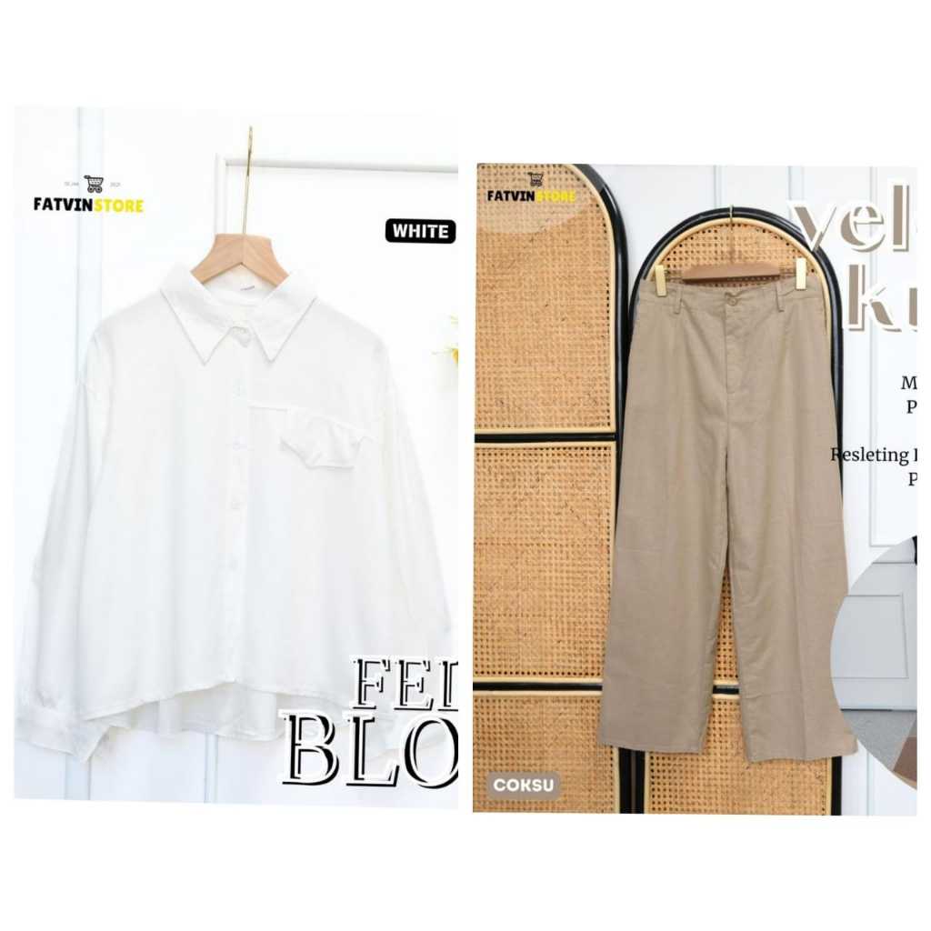 ONESET WANITA KEMEJA DAN KULOT POLOS BAHAN RAYON TWILL DAN LINEN RAMI