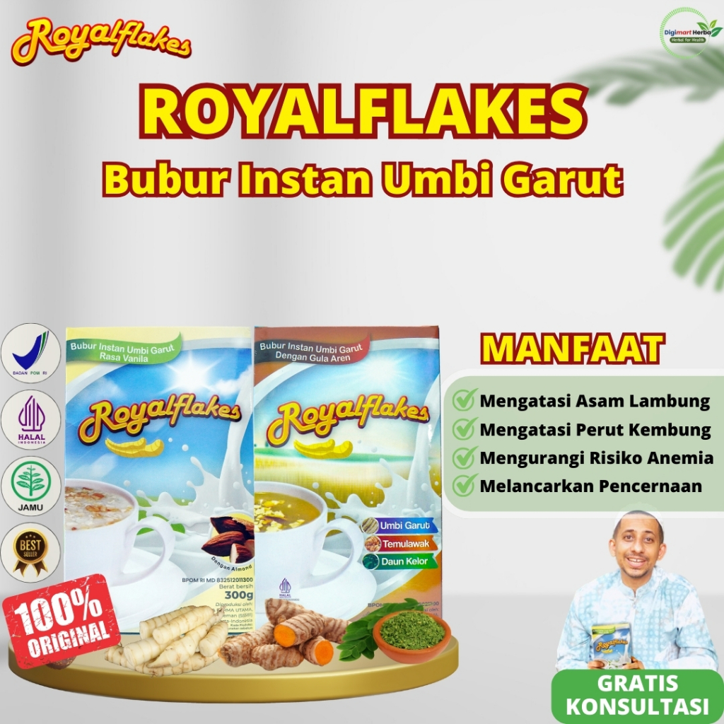 

ROYALFLAKES - Sereal Diet Bubur Instan Umbi Garut Mengatasi Asam Lambung Maag Tinggi & Detoksifikasi