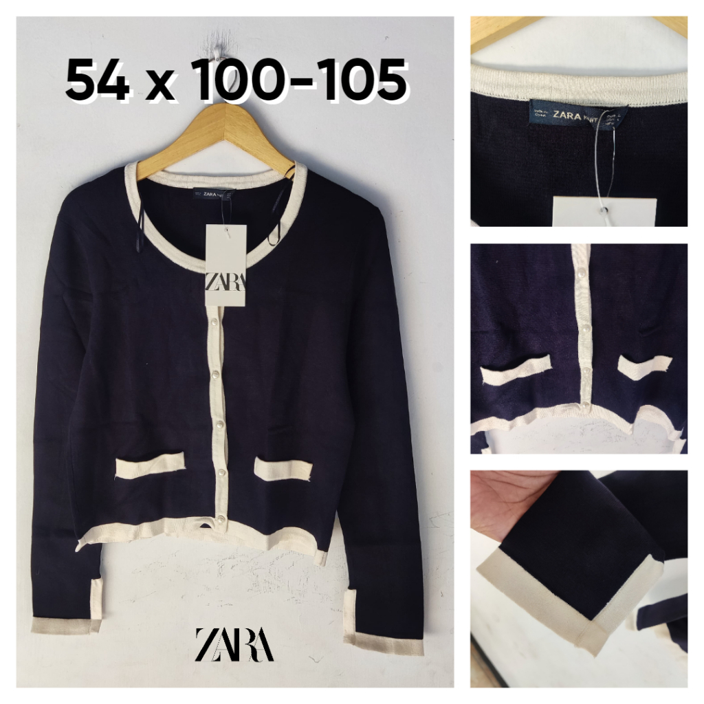 Cardigan Zara Knit Navy Lis Putih With Pearl Button Size L Atasan Sweater Kancing Mutiara Wanita Out