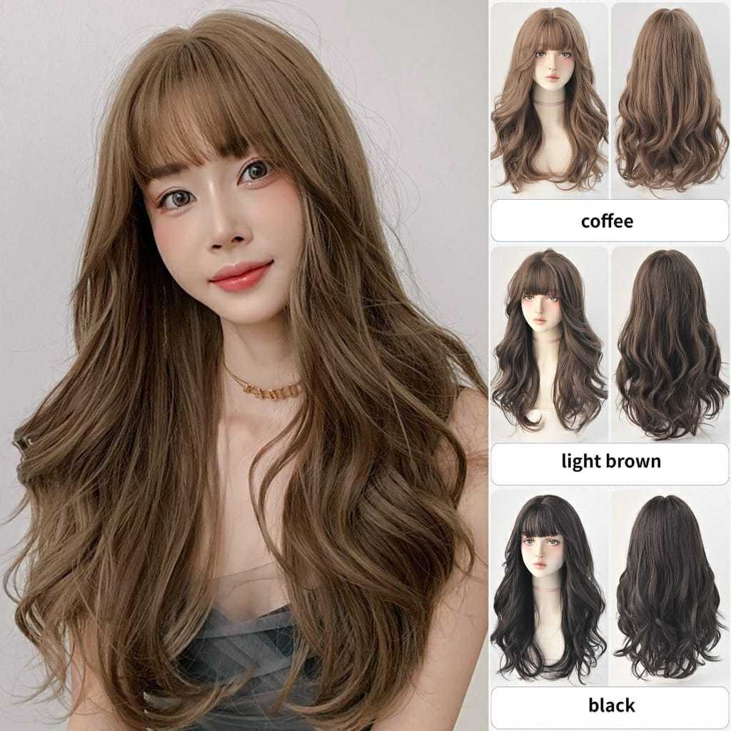 Wig curly panjang poni depan wig panjang wig smoothing