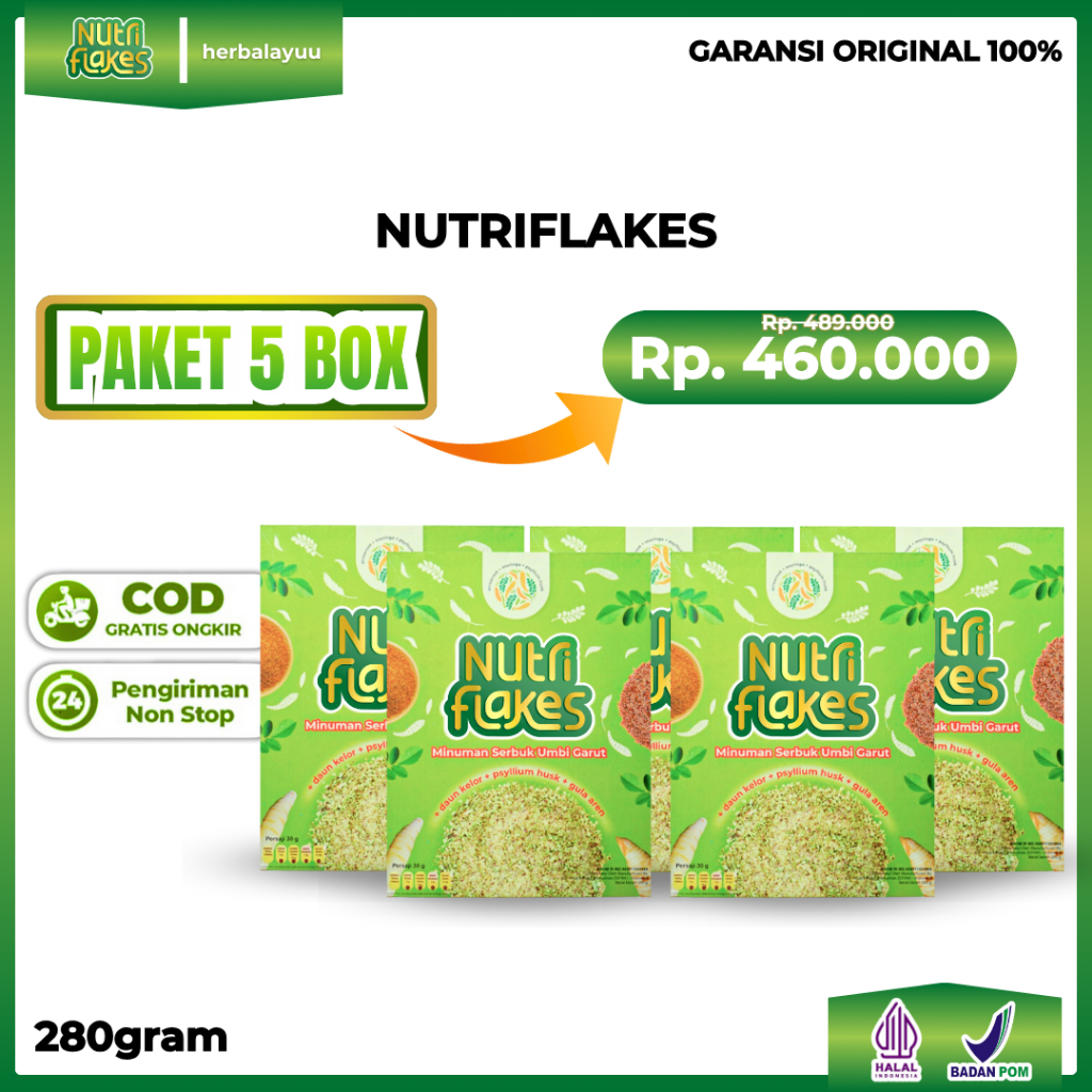 

Paket 5 Box Nutriflakes - Nutri flakes Sereal Umbi Garut Original mengatasi Maag dan Gerd