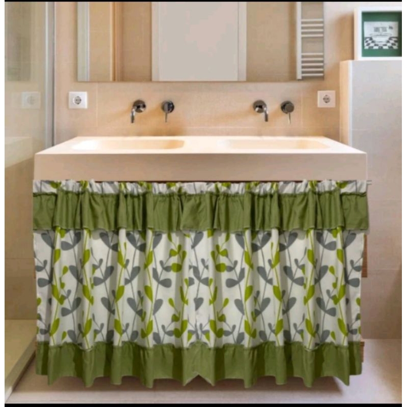 (Premium)Gorden kolong dapur motif daun hijau | Tirai kolong | Gorden minimalis | Bisa custom ukuran