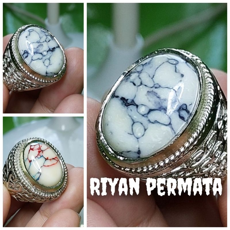 Cincin batu akik pirus putih urat hitam dan merah