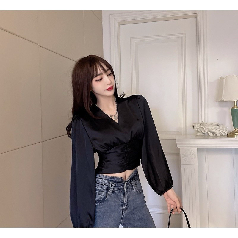 V-Neck Long Sleeve Pleated Blouse Top