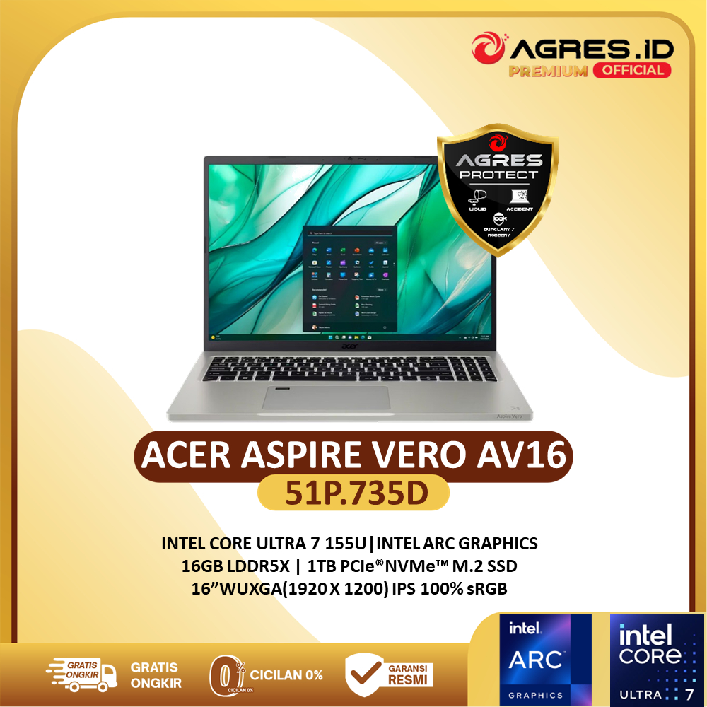 ACER ASPIRE VERO AV16 ULTRA 7 155U 16GB 1TB W11+OHS 16.0WUXGA 100SRGB BLIT FP EVO GRY -51P.735D