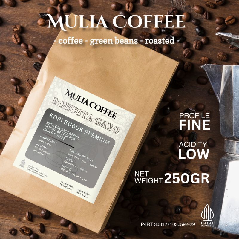 

Kopi Asli 100% Robusta Gayo Mulia Coffee Bubuk Halus 250 gr