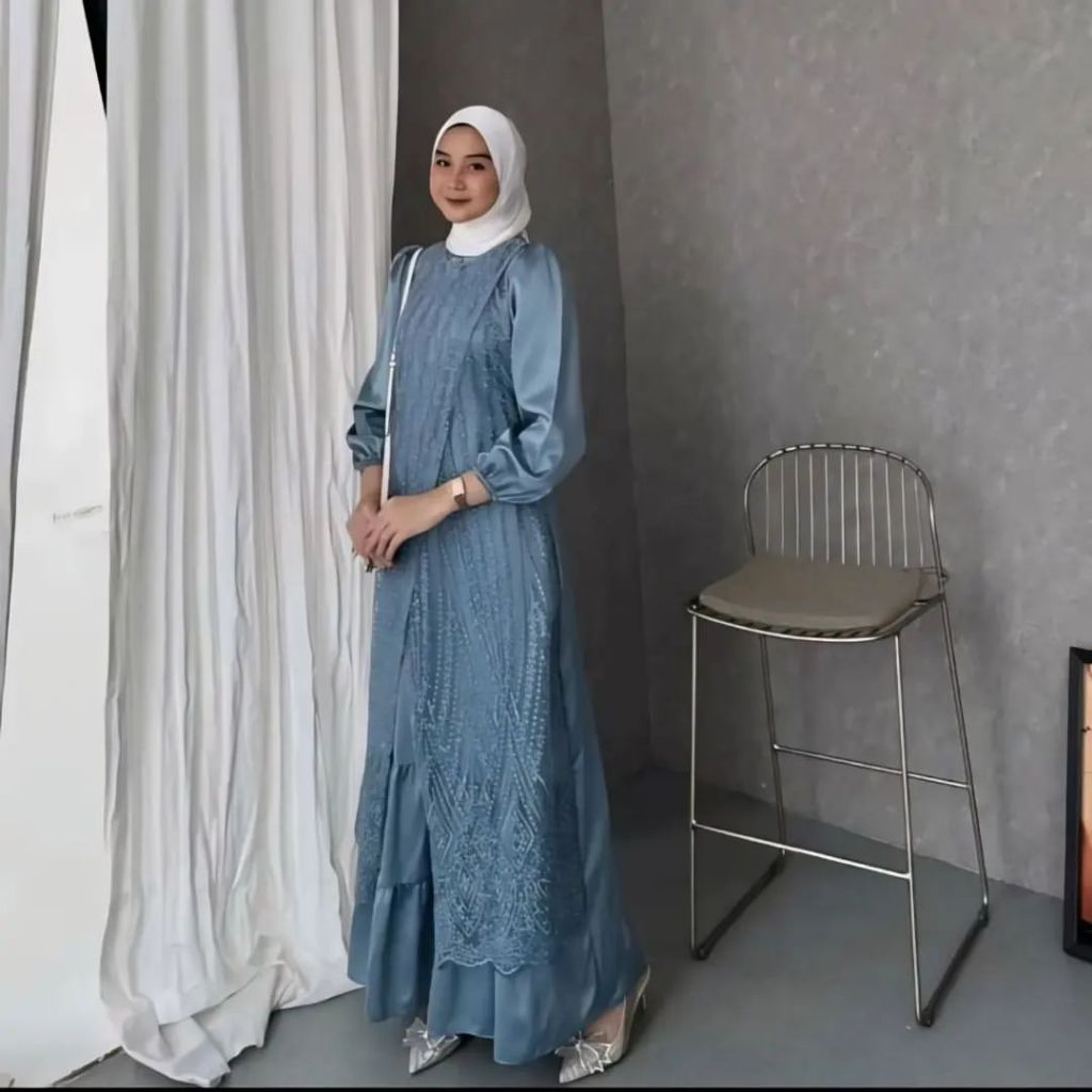 Nara Dress Brukat Tille Premium Pesta Terbaru 2024 Gamis Pesta Mewah Bahan Maxmara Mix Brokat Timbul