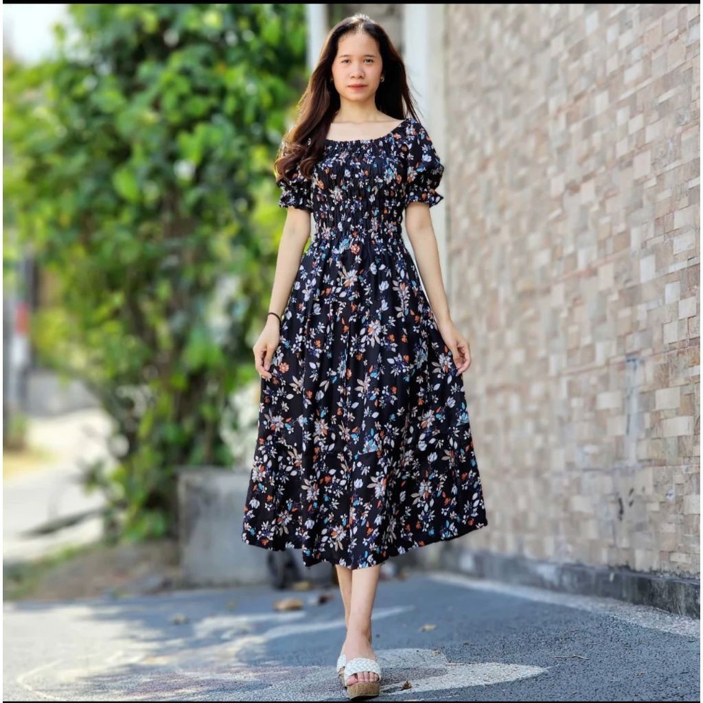 MF - MPF DRESS BALI MOTIF FLOWER WANITA TAYA / Long Dress Canda Double Ruffle / Fashion Wanita Modis