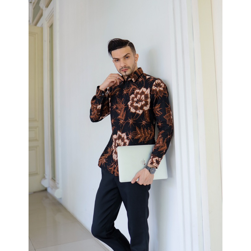 BUNGA MAWAR Kemeja Batik pria Slimfit PREMIUM TERBARU Lengan Panjang Lapis Furing