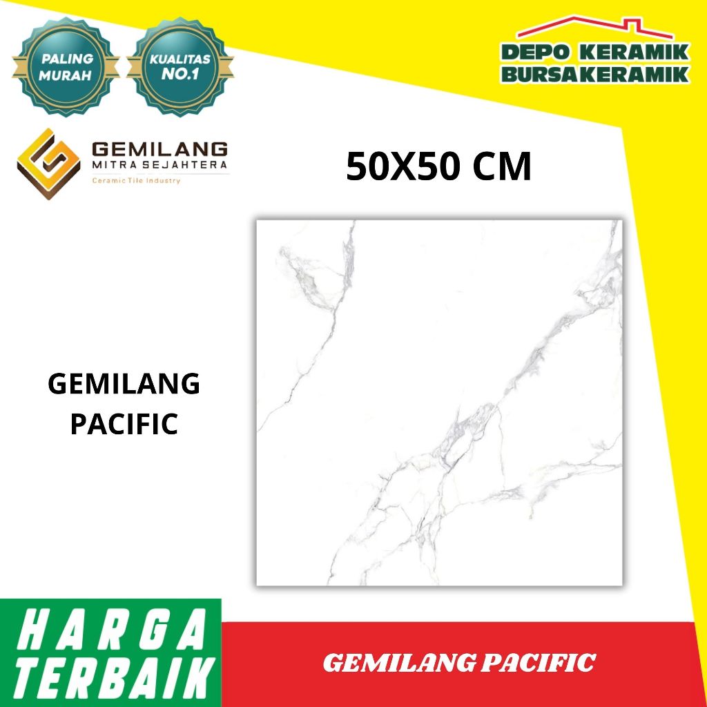 Keramik Putih Motif 50x50 PACIFIC GREY -GEMILANG- Glossy&Marble