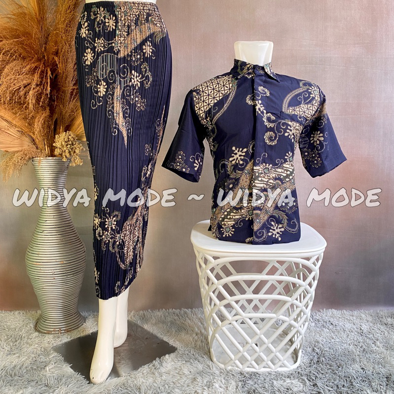Widya Mode - Batik Couple Set Rok Plisket / Baju Batik Kemeja Lengan Pendek / Batik Lamaran Mewah / 