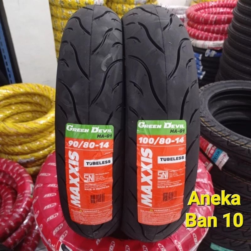Sepasang Ban Maxxis 90/80-14 & 100/80-14 Green Devil MA-G1 Tubeless