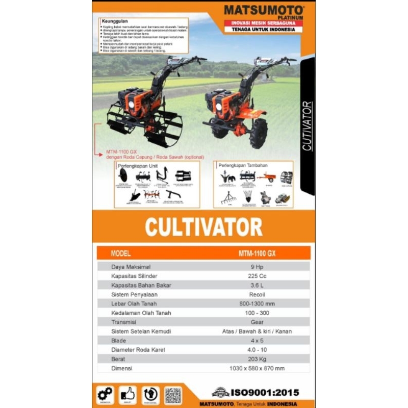 MESIN TRAKTOR BAJAK SAWAH CULTIVATOR MTM-1100 GX MATSUMOTO