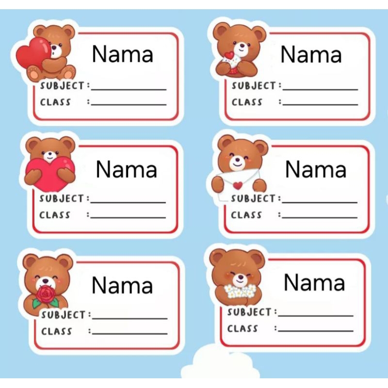 

PO 3 hari (Bentuk Kotak) Stiker Sticker Nama Anak untuk di tempel di buku tulis atau buku paket Pelajaran gambar teddy bear beruang love lucu