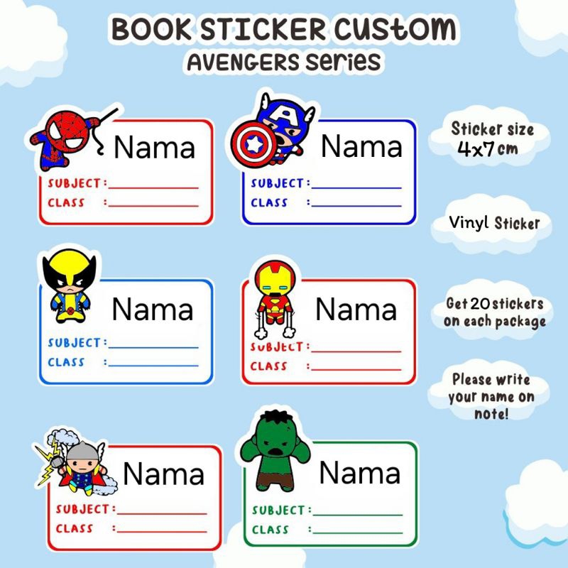 

PO 3 hari (Bentuk Kotak) Stiker Sticker Nama Anak Avengers untuk di tempel di buku tulis atau buku paket iron man spiderman captain America thor hulk