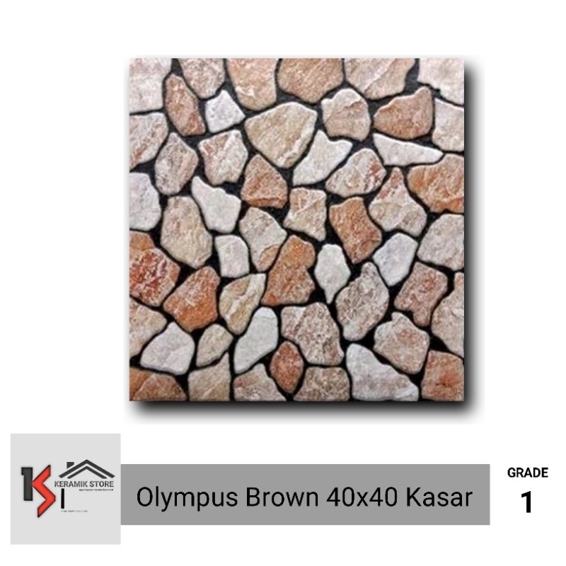 Keramik Teras 40x40 (Kasar) Motif Batu/ Asia Tile Olympus Brown