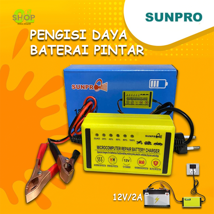 Charger Aki Mobil Dan Motor Sunpro 12V-2A Bisa Aki Kering & Basah / pengecas Aki Motor Dan Mobil / C