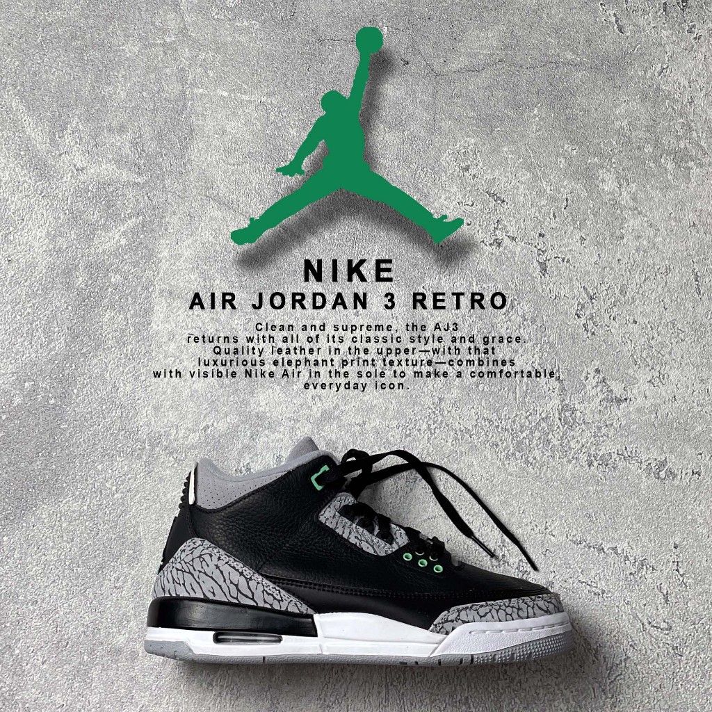 AIR JORDAN 3 RETRO - Green Glow | Size 7.0 (Youth) Sepatu Original