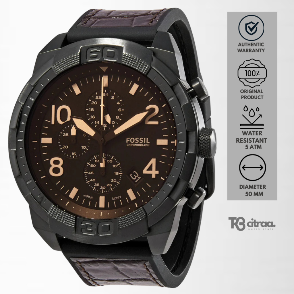 jam tangan fashion pria fossil Bronson analog strap kulit chronograph brown leather water resistant 