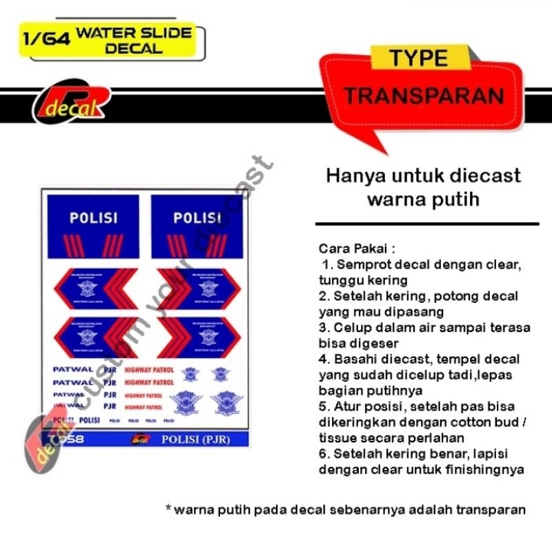 T058 Decal Hotwheels Transparan 1/64 Polisi PJR
