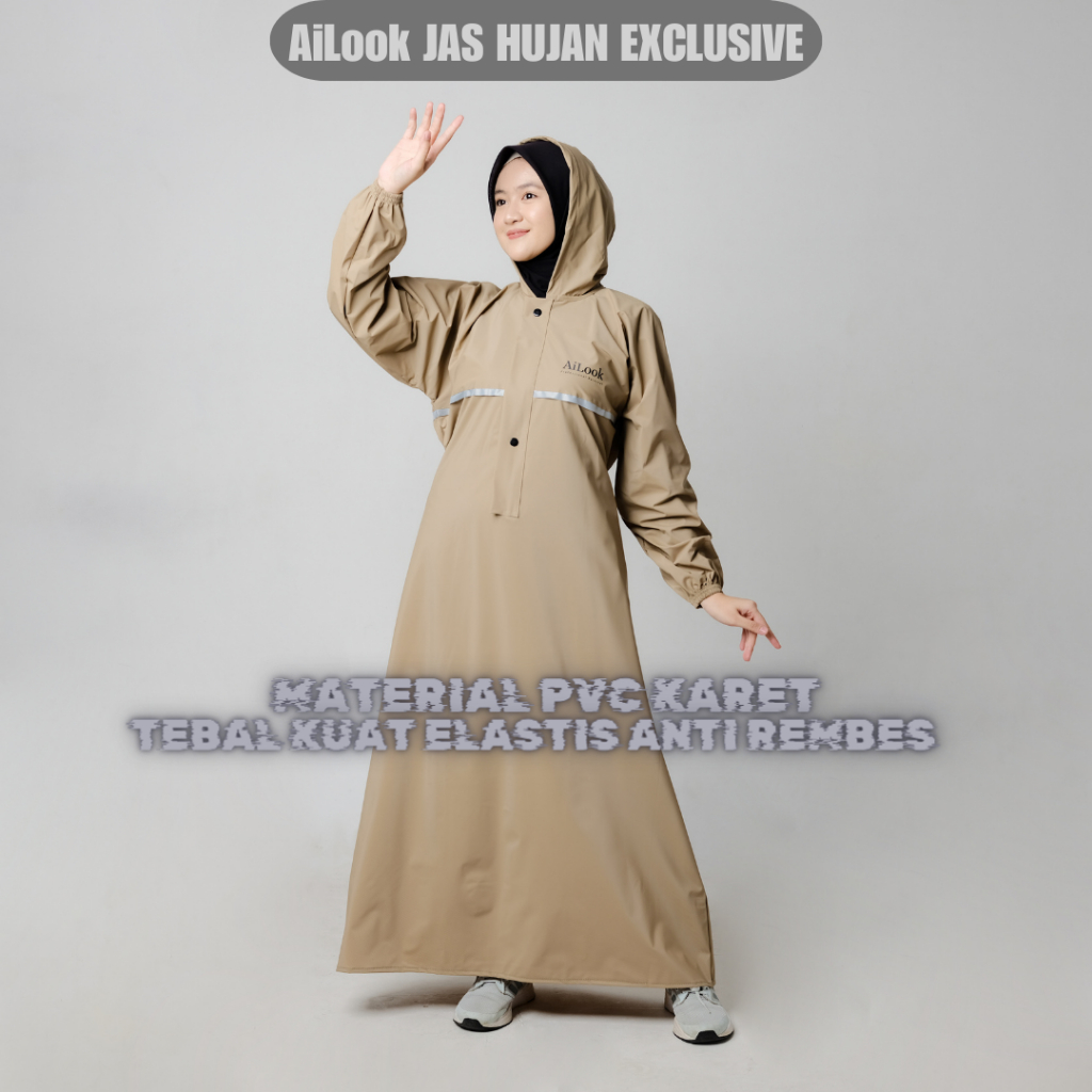 AiLook Jas Hujan Mantel Hujan Gamis Wanita Anti Rembes Bahan PVC Karet Tebal Kuat Elastis