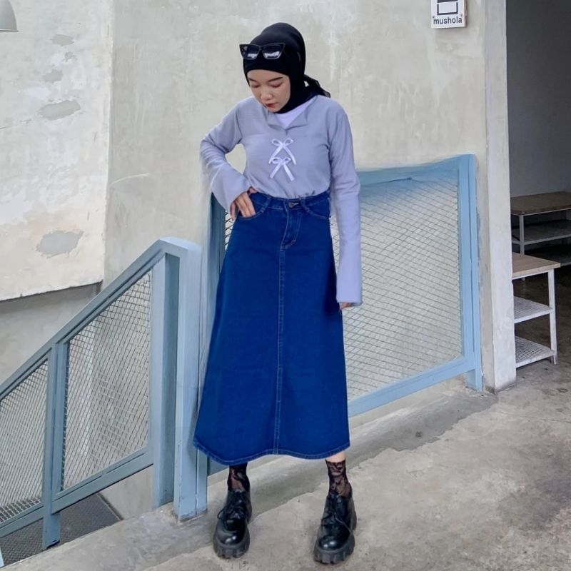 Highwaist Rok Jeans Wanita Korean Style- Rok Wanita 7/8 Rok Jeans Skirt-Rok Jeans Wanita Midi