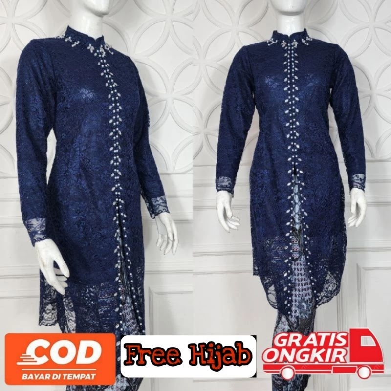 Set Kebaya Maharani Brukat Modern Wanita Pendek Seragaman Wisuda Kondangan Terbaru Free Hijab