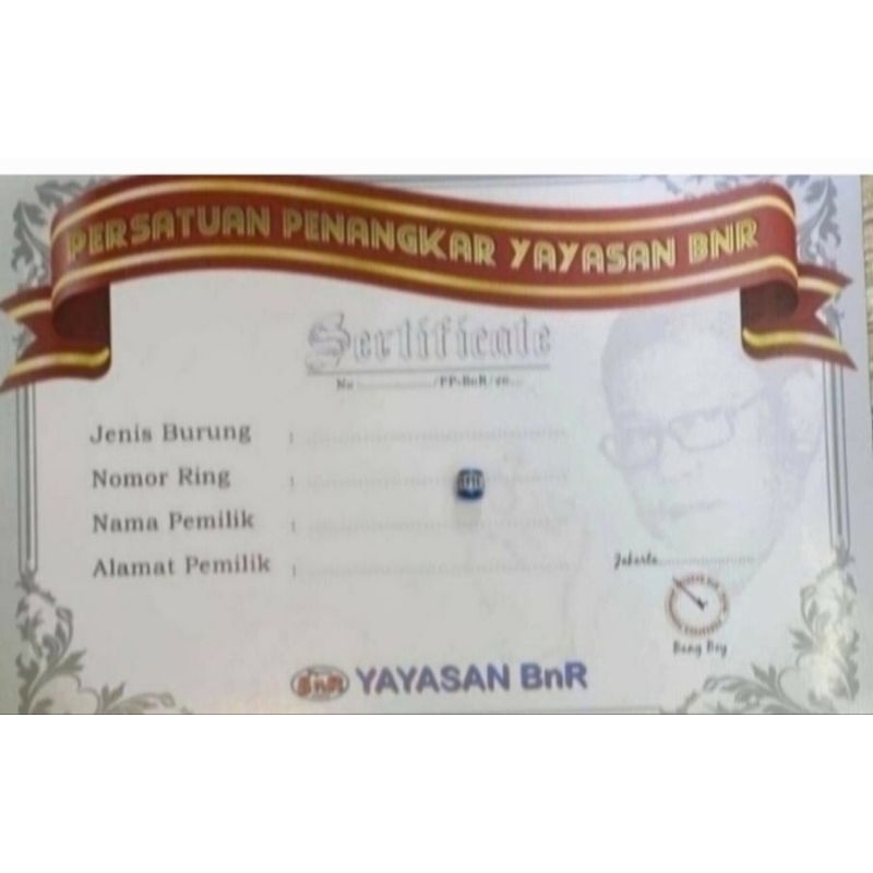 Sertifikat penangkar ring murai yayasan BnR