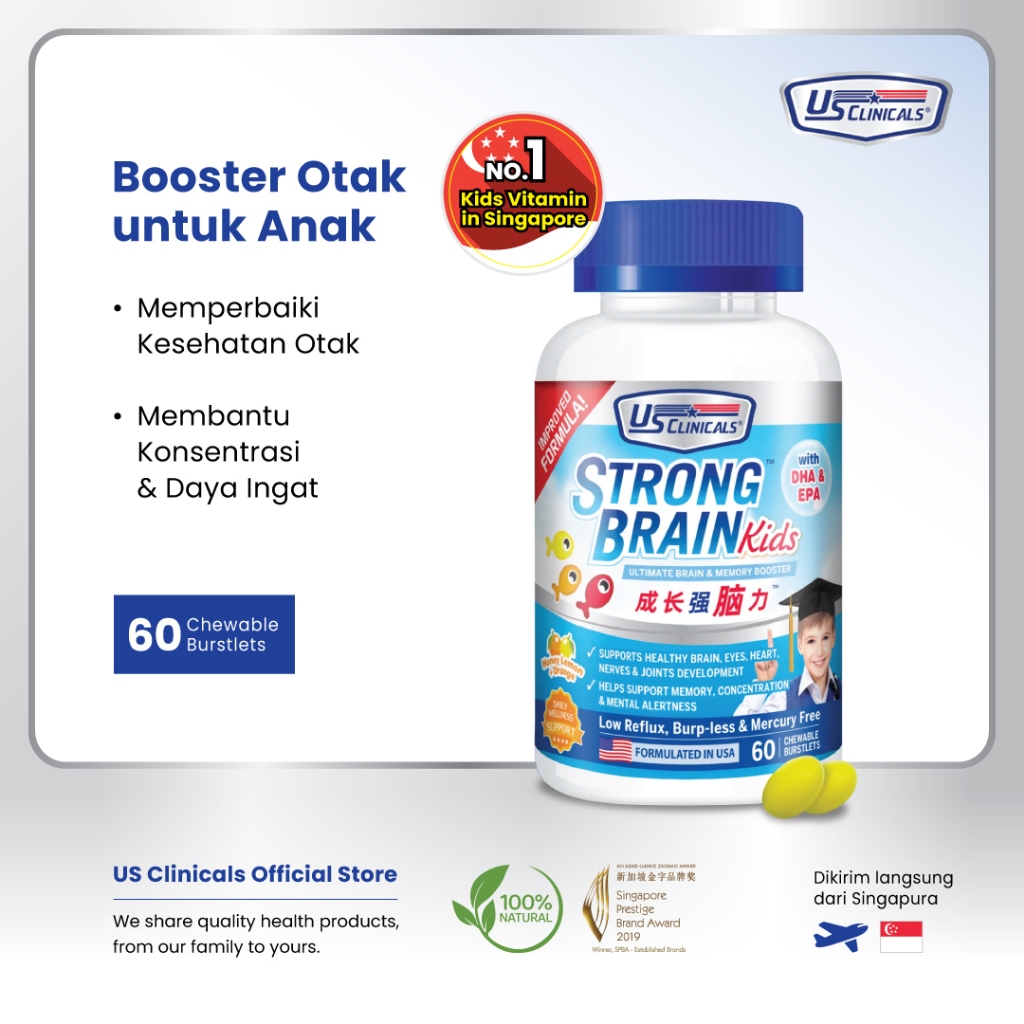 US Clinicals StrongBrain Kids 60s (new version) – Vitamin otak anak, suplemen otak untuk anak, menin