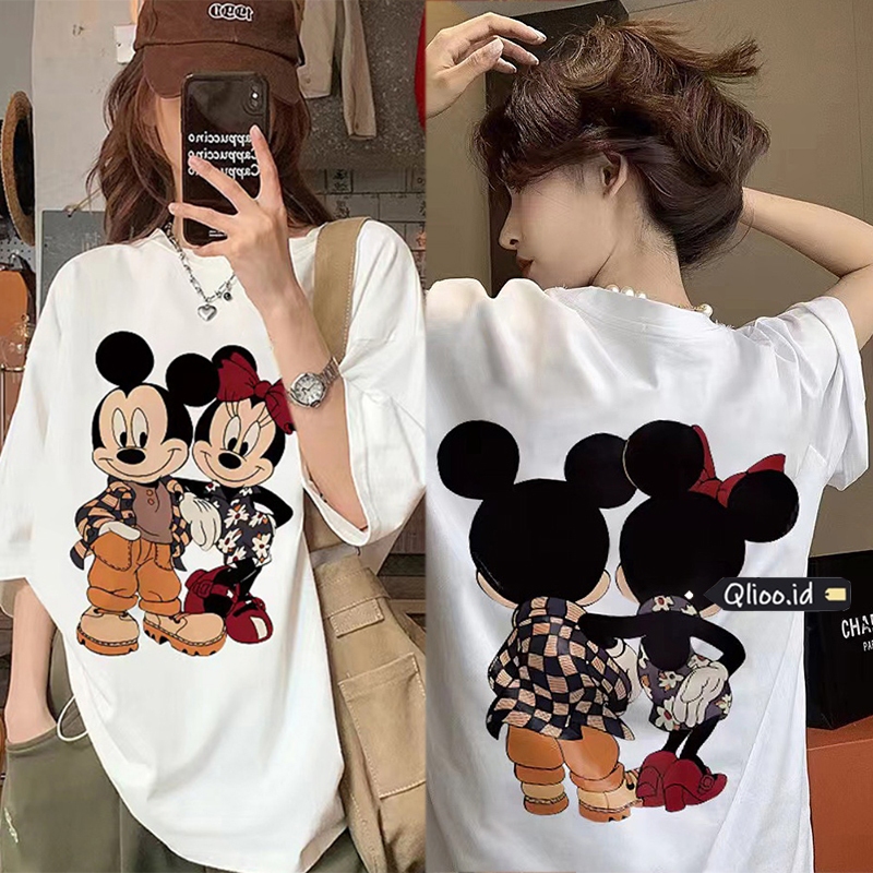 Korea Baju Atasan Wanita T Shirt Kaos Disney Mickey dan Minnie Putih Kaos Oversize Wanita 100% Cotto