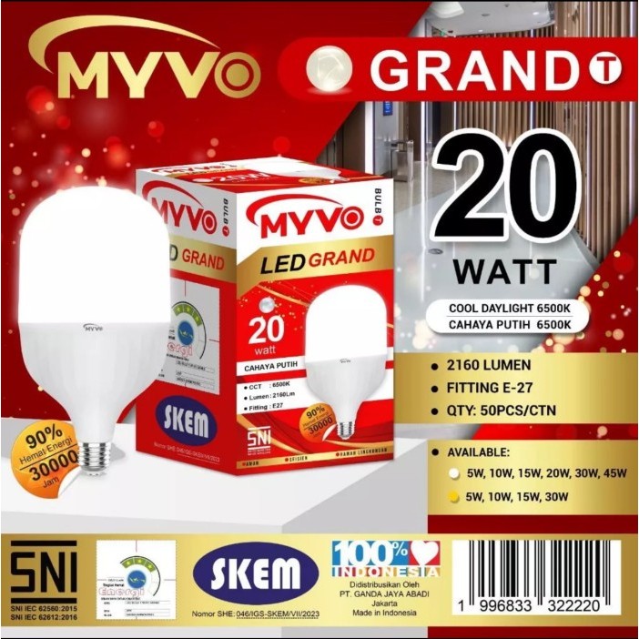 MYVO Grand Bulb T LED 20 Watt Lampu Led Tabung Putih