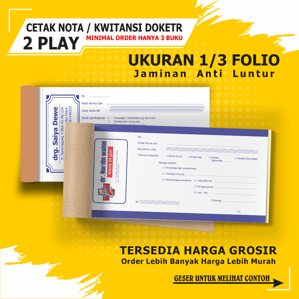 Cetak Kwitansi Dokter 2 Ply 1/3 Folio / Kwitansi Klinik / Kwitansi Dokter Gigi / Kwitansi Drg