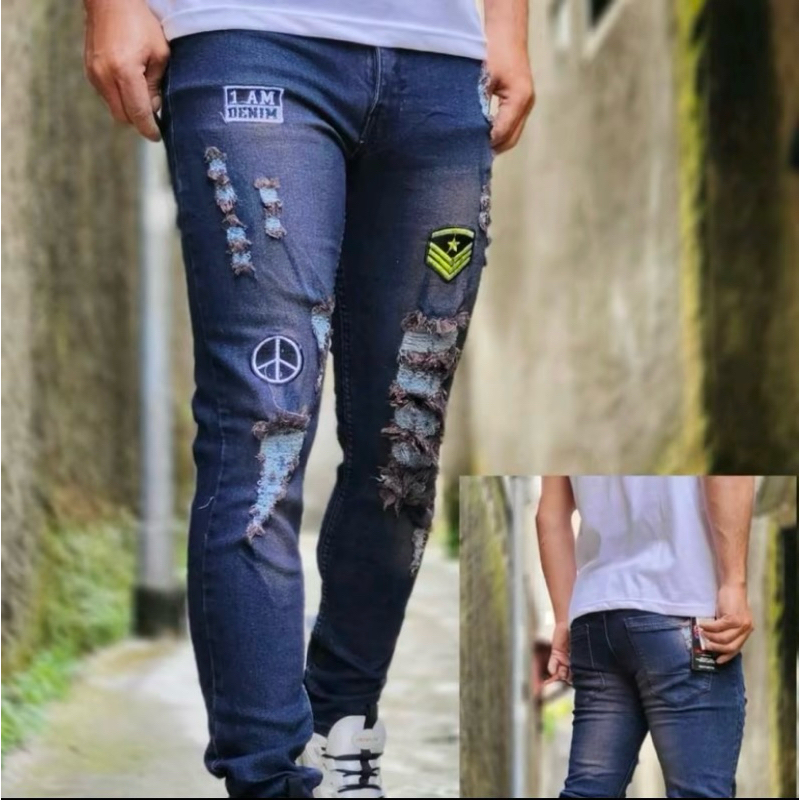 Terlaris celana jeans panjang bordir sobek pria/ celana jeans panjang sobek emblem pria/celana jeans